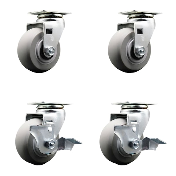 4 Inch Thermoplastic Rubber Swivel Caster Set with Ball Bearings 2 Brakes